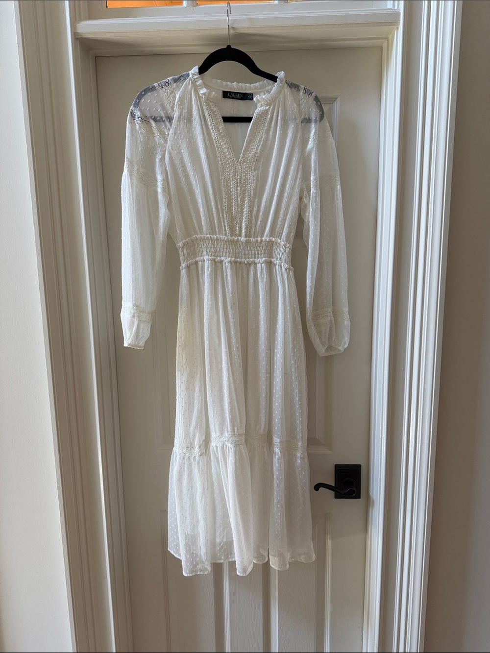 Lauren Ralph Lauren White Long-Sleeve Swiss Dot Midi Dress